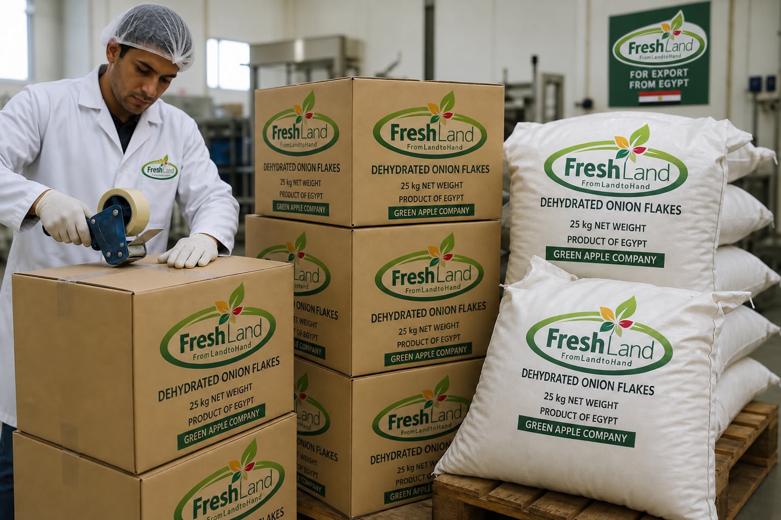 Fresh Land dehydrated onion packaging prepared for export