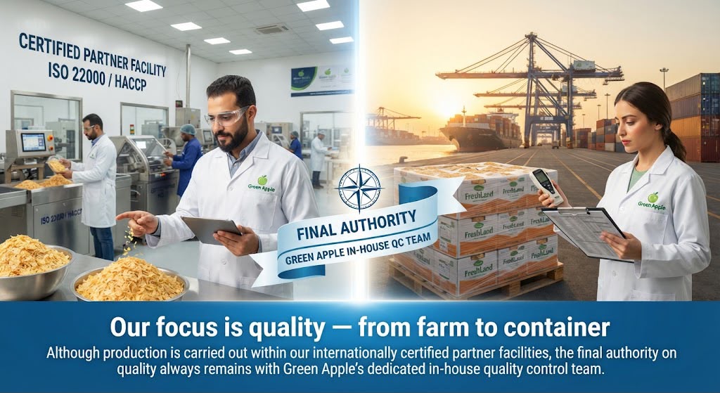 Green Apple quality-control team inspecting dehydrated products and export packaging