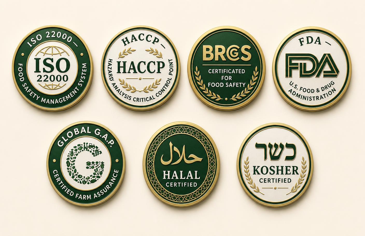 Food-safety standards that may apply at selected partner facilities: ISO 22000, HACCP, BRCGS Food Safety, GlobalGAP, Halal, Kosher