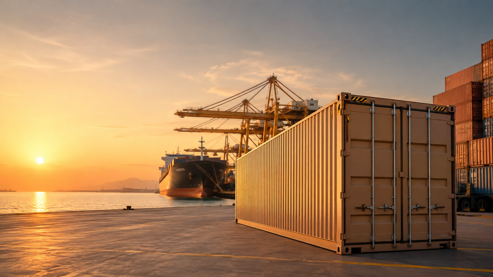 Loaded export containers at an Egyptian port at sunset