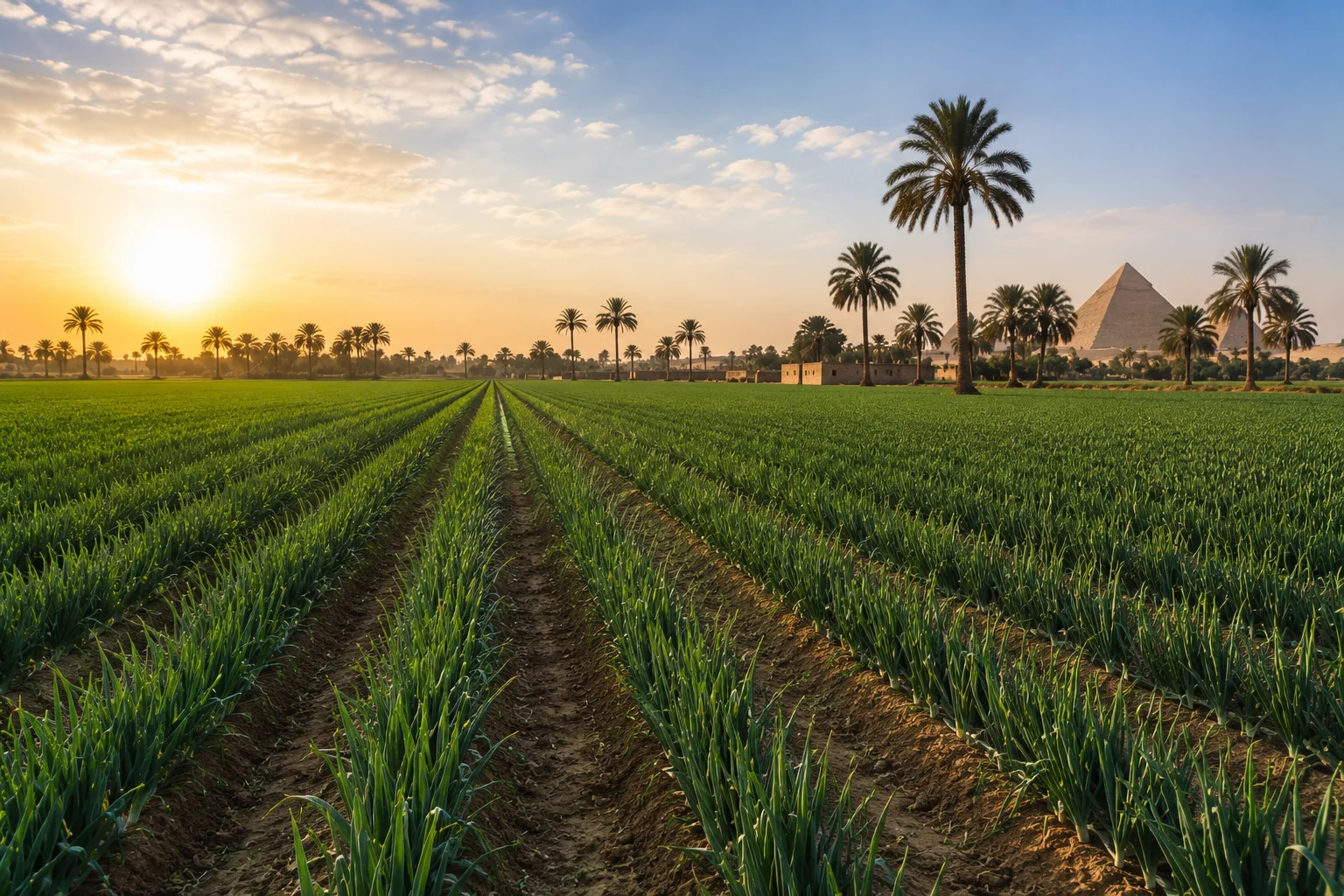 Green Apple workers loading Fresh Land branded crates of freshly harvested Egyptian onions at golden hour