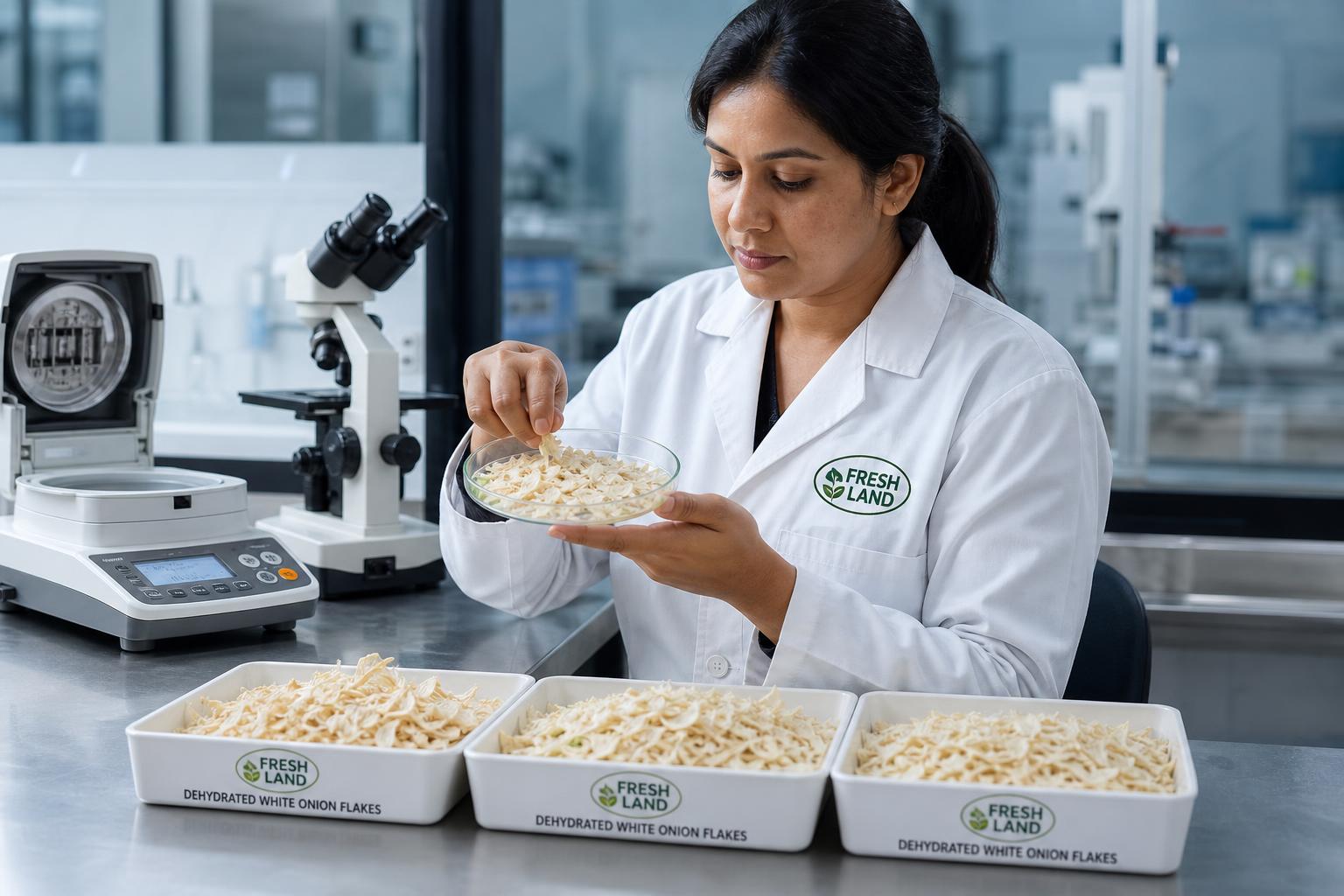 Food quality control laboratory inspecting dehydrated onion samples