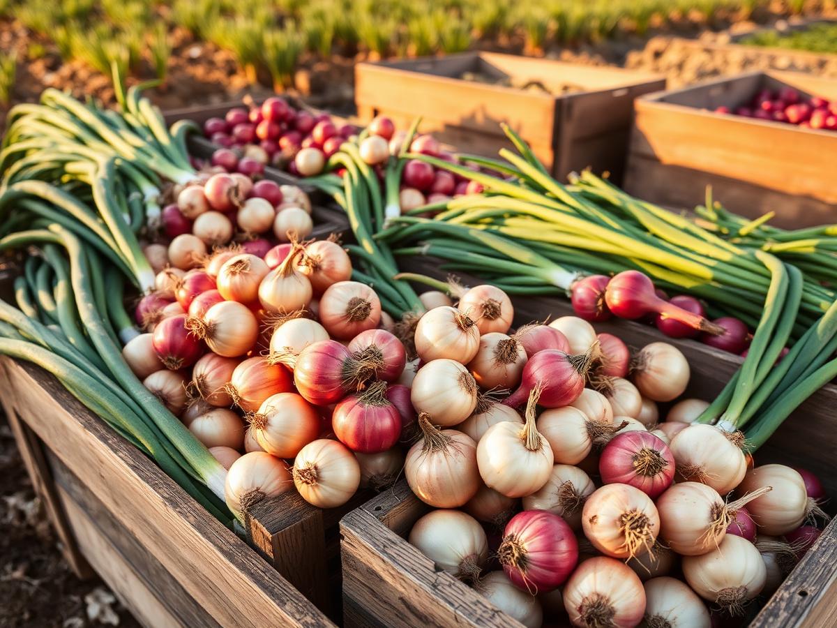 Freshly harvested Egyptian onions in crates