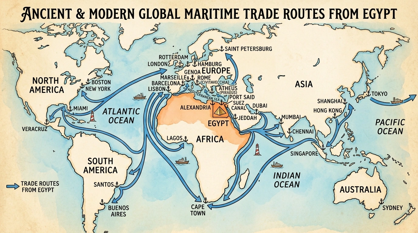 Trade routes from Egypt to Europe, the Americas, Asia and the Middle East